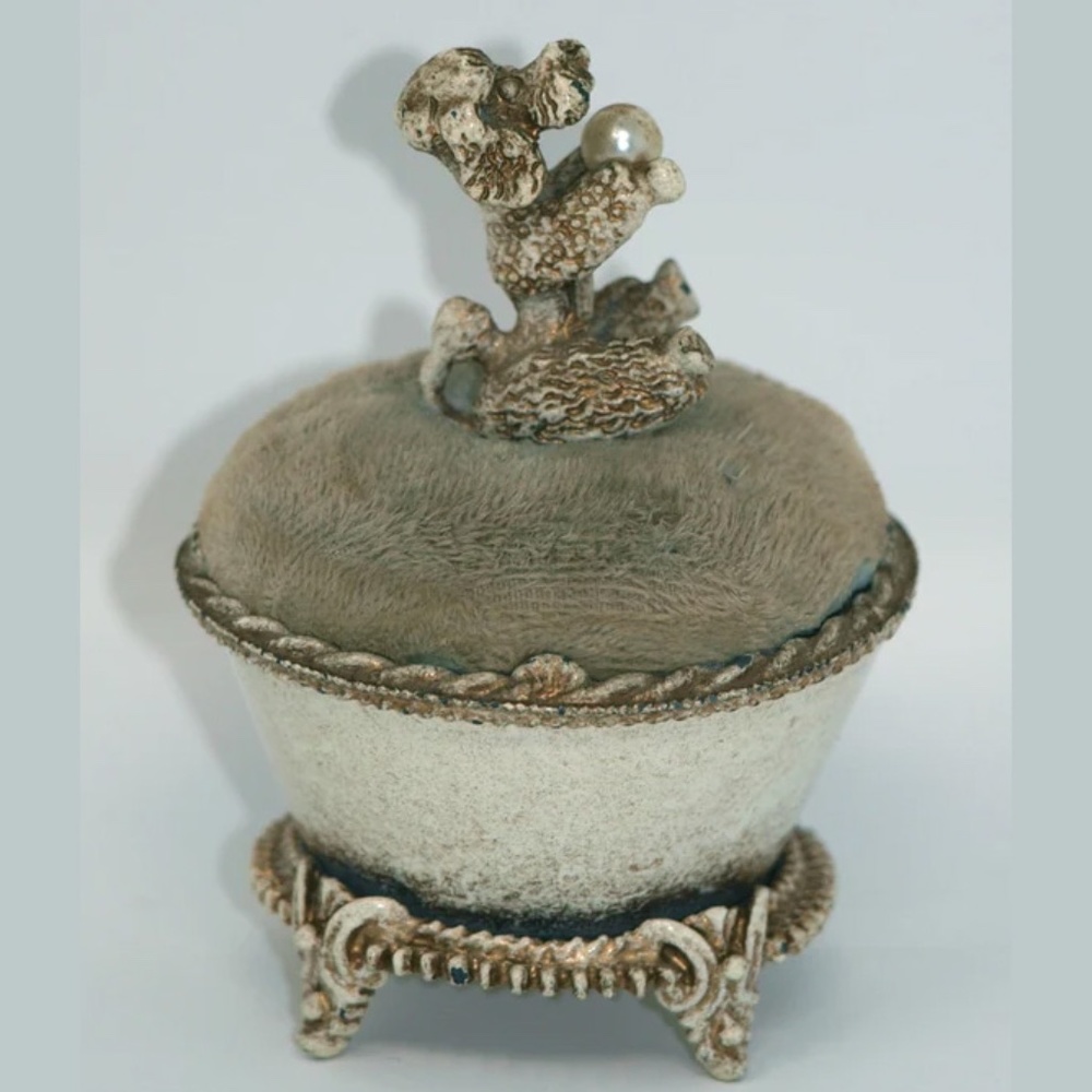 1950's Vintage Florenza  Poodle Pincushion  Box, Poodle w/ Pearl, Florenza Box